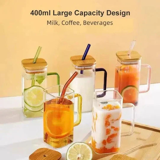 Square Glass Coffee Mug with Wooden Lid & Straw – 400ml Transparent Tumbler Glass with Colored Handle in Pakistan