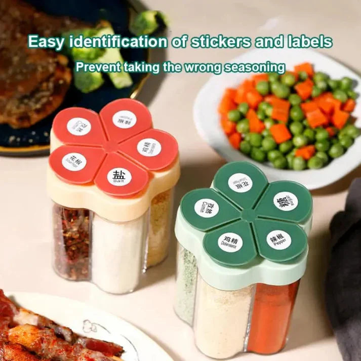 5-in-1 Flap Seasoning Jar Container – Multi-Compartment Spice Organizer for Kitchen