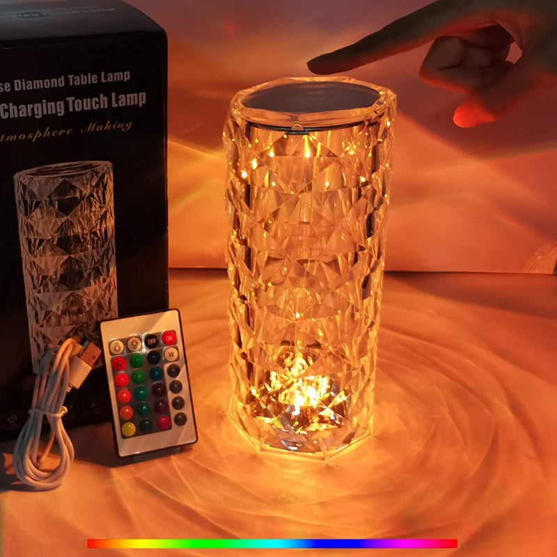 Rose Crystal Rechargeable Table Lamp – Diamond Touch Sensor LED Desk Lamp with RGB Remote Control & Night Light Projection