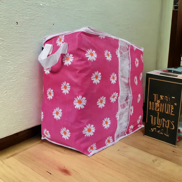 120 GSM Non-Woven Clothes Storage Bag – Foldable Floral Print Organizer (Pink/Green/Blue/Grey)