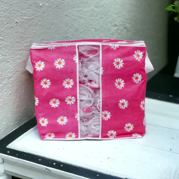 120 GSM Non-Woven Clothes Storage Bag – Foldable Floral Print Organizer (Pink/Green/Blue/Grey)