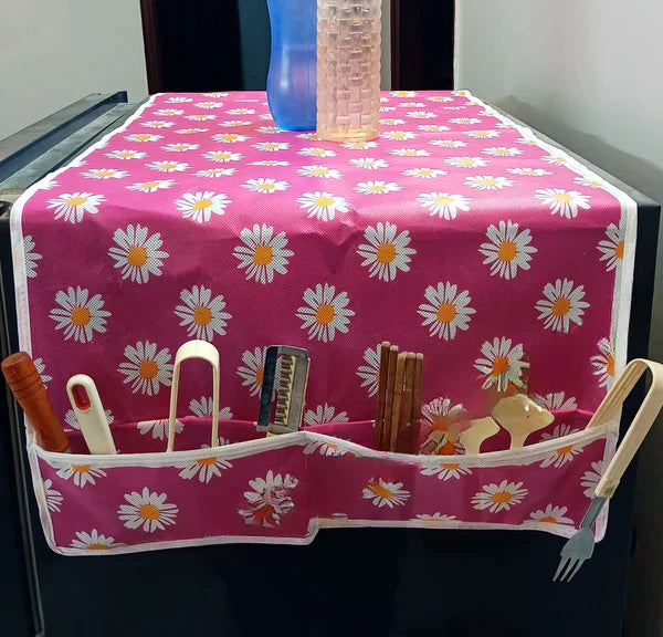 Local - Oil Proof Fridge Top Cover with 6 Organizer Pockets (Random Prints)