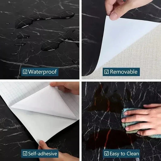 Self Adhesive Black Marble Waterproof Sheet – 60x200cm Peel & Stick Wallpaper
