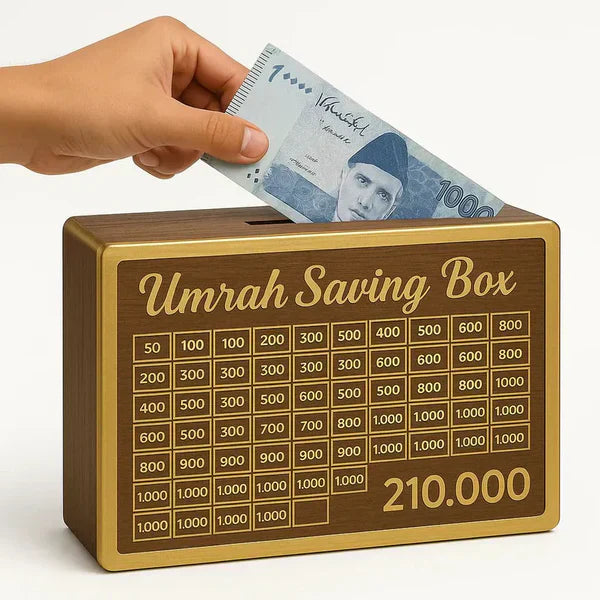Wooden Umrah Saving Box – Lockable Charity & Travel Goal Box