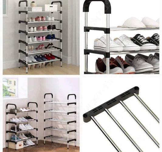 Premium 5 Tier Classic Stainless Steel Shoe Rack, Stackable Multilayer Shoe Organizer Shelf for Entryway