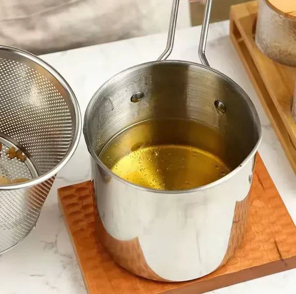 Stainless Steel 1.2L Deep Fryer Pot with Strainer & Heatproof Handle