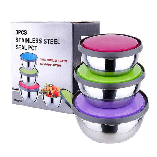 3Pcs Stainless Steel Bowl Set with Airtight Lids – Food Storage Containers