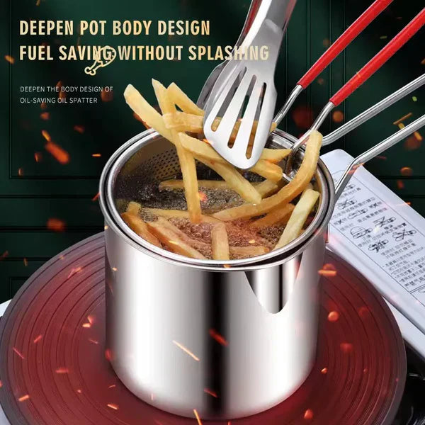 Stainless Steel 1.2L Deep Fryer Pot with Strainer & Heatproof Handle