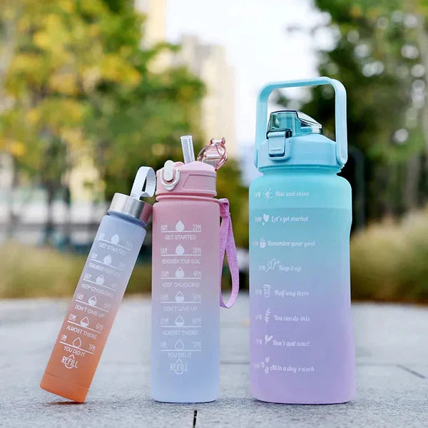 Premium Gradient Colour Water Bottle Set of 3, Large Capacity Motivational Hydration Bottles for Gym, Office and Kids