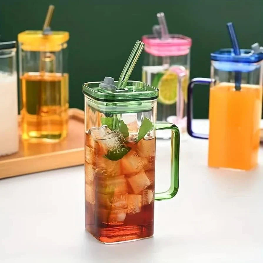 Square Glass Coffee Mug with Wooden Lid & Straw – 400ml Transparent Tumbler Glass with Colored Handle in Pakistan