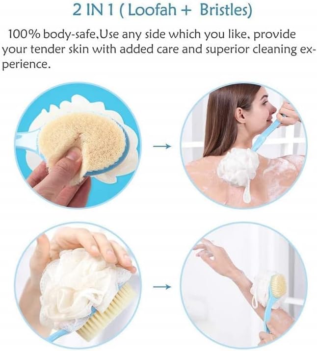 2 in 1 Back Body Bath Brush with Soft Bristles & Loofah | Dual-Sided Shower Exfoliator
