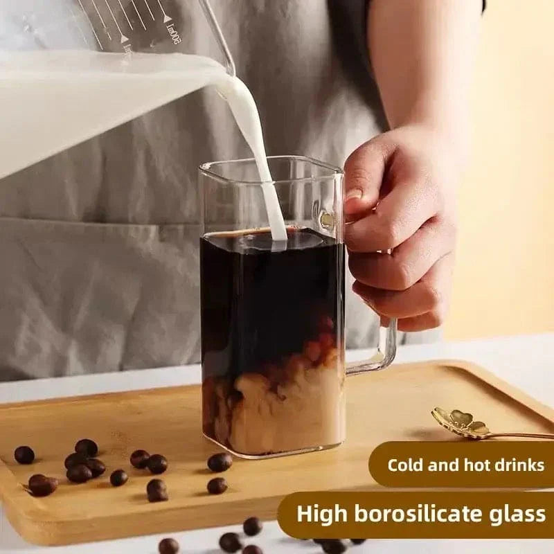 Square Glass Coffee Mug with Wooden Lid & Straw – 400ml Transparent Tumbler Glass with Colored Handle in Pakistan