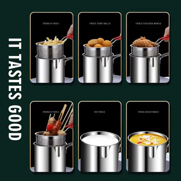 Stainless Steel 1.2L Deep Fryer Pot with Strainer & Heatproof Handle