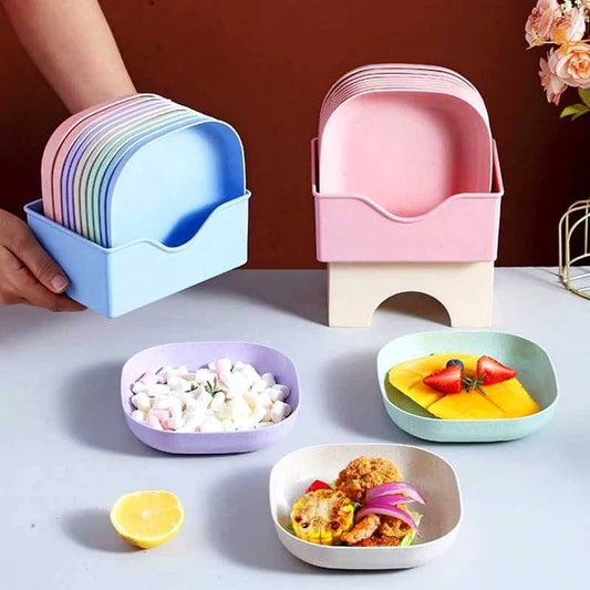 Set of 10 Reusable Plastic Plates with Stand – Food Serving Dish Rack Combo