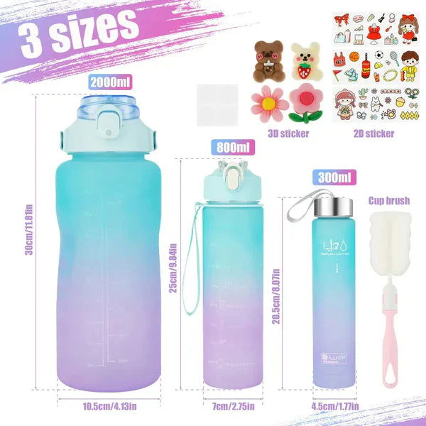 3-Piece Gradient Sports Water Bottle Set – Motivational & Large Capacity