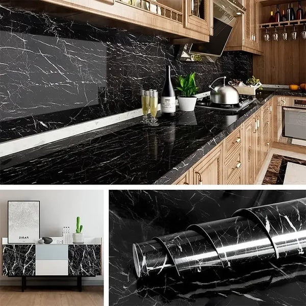 Self Adhesive Black Marble Waterproof Sheet – 60x200cm Peel & Stick Wallpaper