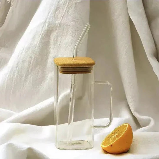 Square Glass Coffee Mug with Wooden Lid & Straw – 400ml Transparent Tumbler Glass with Colored Handle in Pakistan