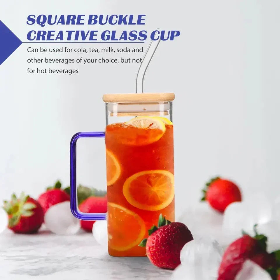 Square Glass Coffee Mug with Wooden Lid & Straw – 400ml Transparent Tumbler Glass with Colored Handle in Pakistan