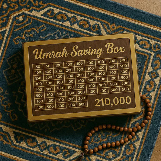 Wooden Umrah Saving Box – Lockable Charity & Travel Goal Box