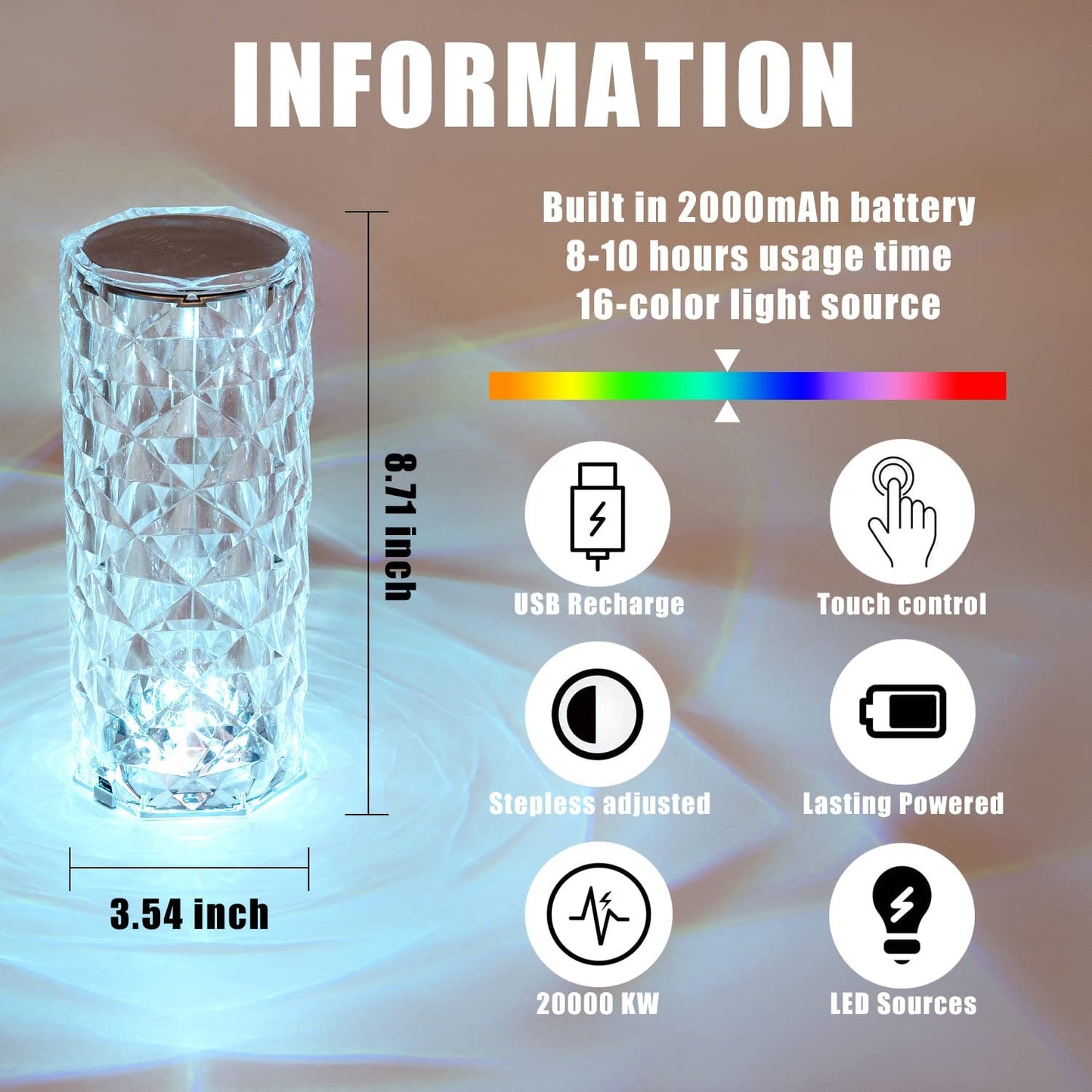 Rose Crystal Rechargeable Table Lamp – Diamond Touch Sensor LED Desk Lamp with RGB Remote Control & Night Light Projection