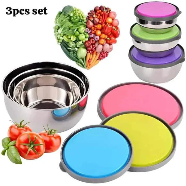 Premium Quality 3Pcs Stainless Steel Bowl Set with Lids – Airtight Food Storage Containers for Kitchen