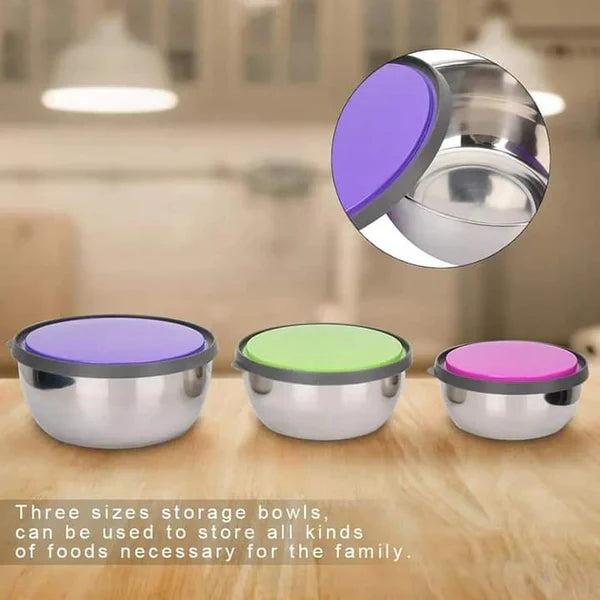 Premium Quality 3Pcs Stainless Steel Bowl Set with Lids – Airtight Food Storage Containers for Kitchen