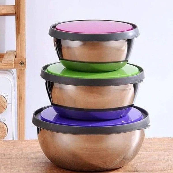 Premium Quality 3Pcs Stainless Steel Bowl Set with Lids – Airtight Food Storage Containers for Kitchen