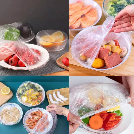 Pack of 100 - Disposable Plastic Food Covers Stretchable Elastic Wraps