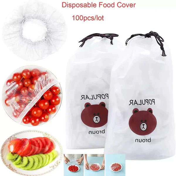 Pack of 100 - Disposable Plastic Food Covers Stretchable Elastic Wraps