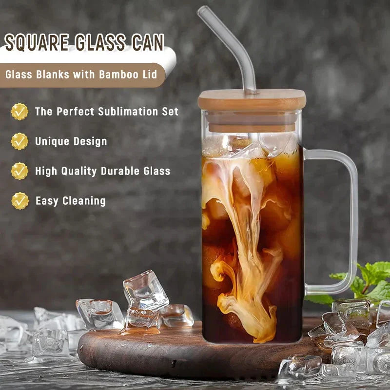 Square Glass Coffee Mug with Wooden Lid & Straw – 400ml Transparent Tumbler Glass with Colored Handle in Pakistan