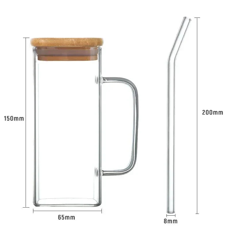 Square Glass Coffee Mug with Wooden Lid & Straw – 400ml Transparent Tumbler Glass with Colored Handle in Pakistan