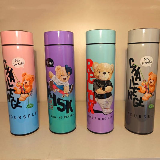 Cute Bear Print 500ml Double Wall Vacuum Thermos Water Bottle with LED Temperature Display