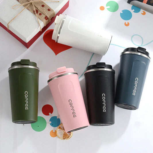 Stainless steel coffee mug with secure lid for hot and cold drinks
