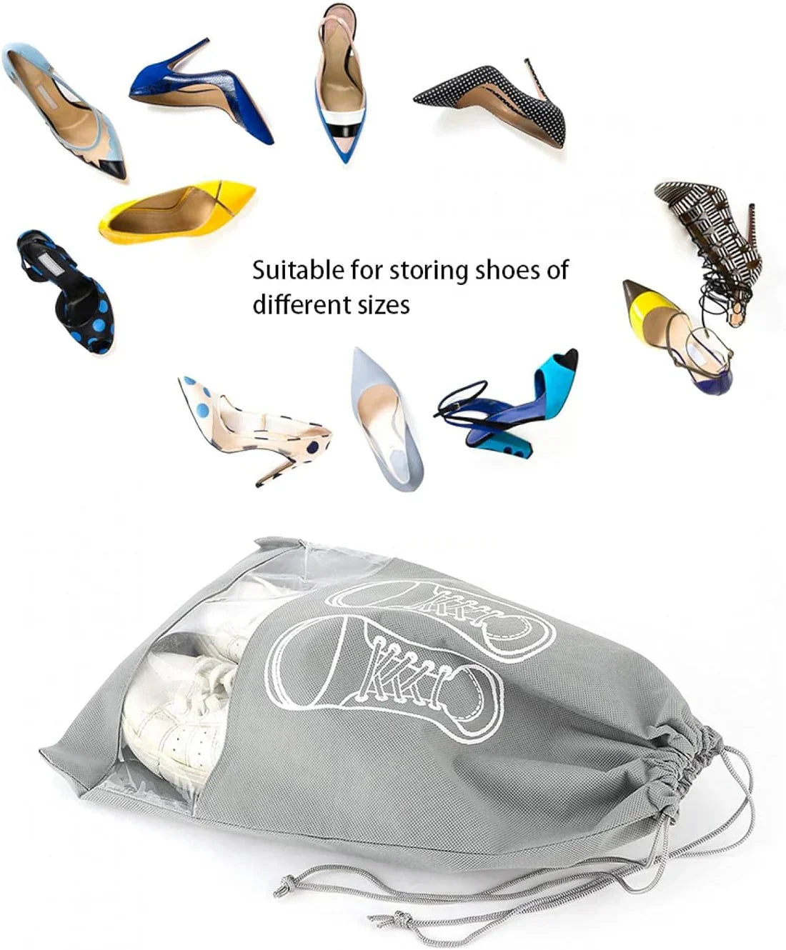 Premium Travel Shoe Pouch Grey Non Woven Fabric, Dustproof Drawstring Shoe Organizer with Visual Window