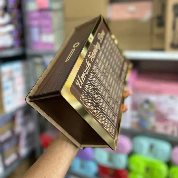 Wooden Umrah Saving Box – Lockable Charity & Travel Goal Box