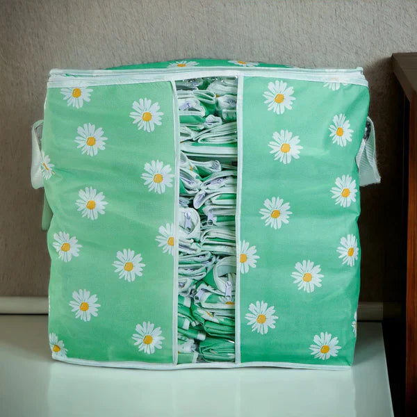 120 GSM Non-Woven Clothes Storage Bag – Foldable Floral Print Organizer (Pink/Green/Blue/Grey)