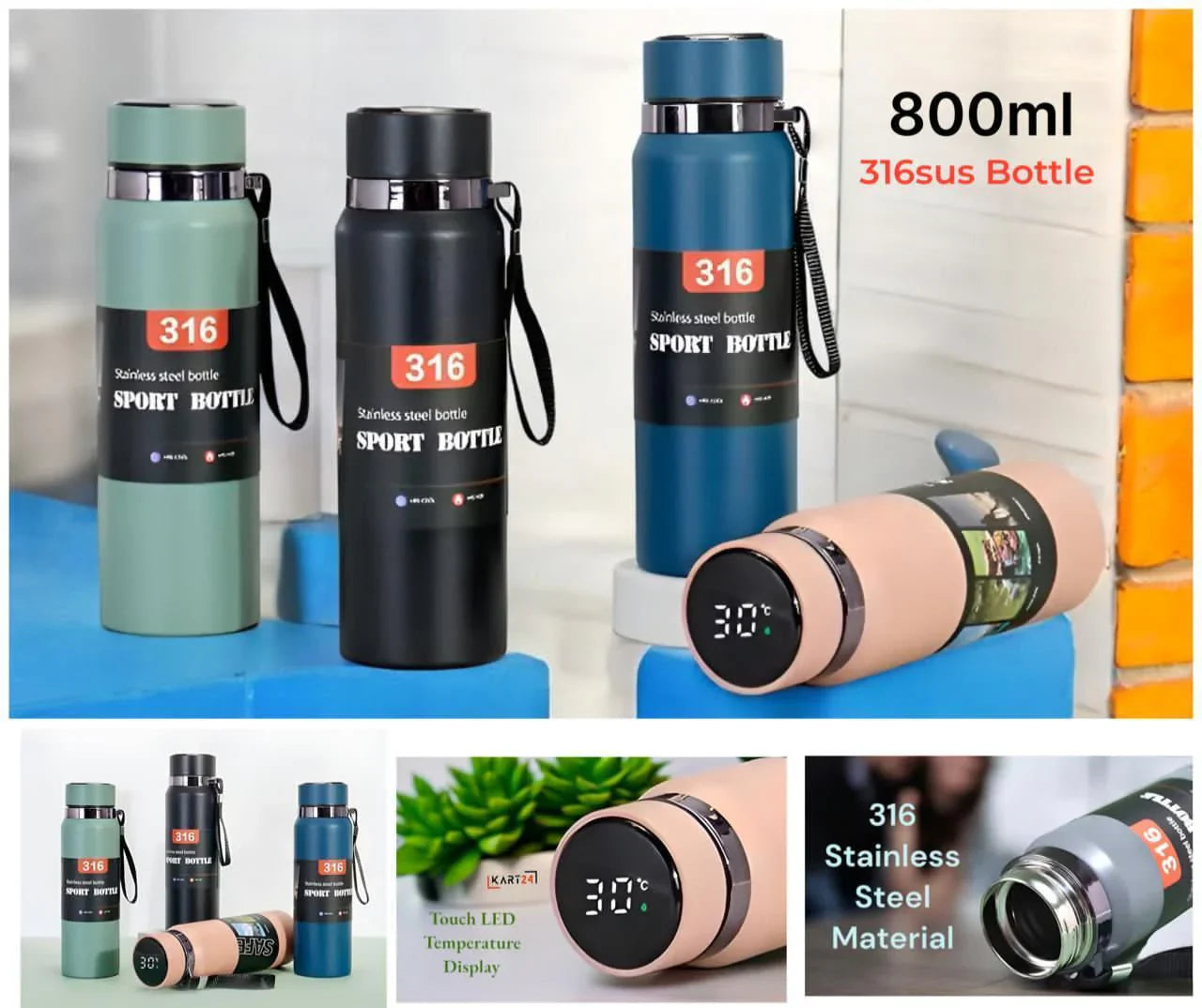 Temperature Display Stainless Steel Water Bottle 800ML – Hot & Cold Thermos for Travel & Home