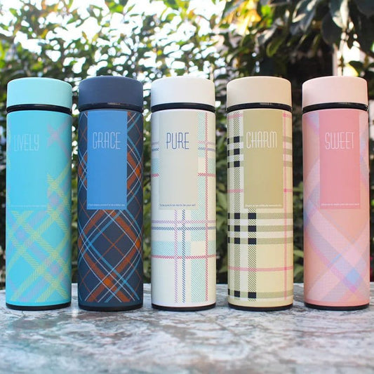 500ml Checked Design Smart Water Bottle with LED Temperature Display – New Stylish Thermos
