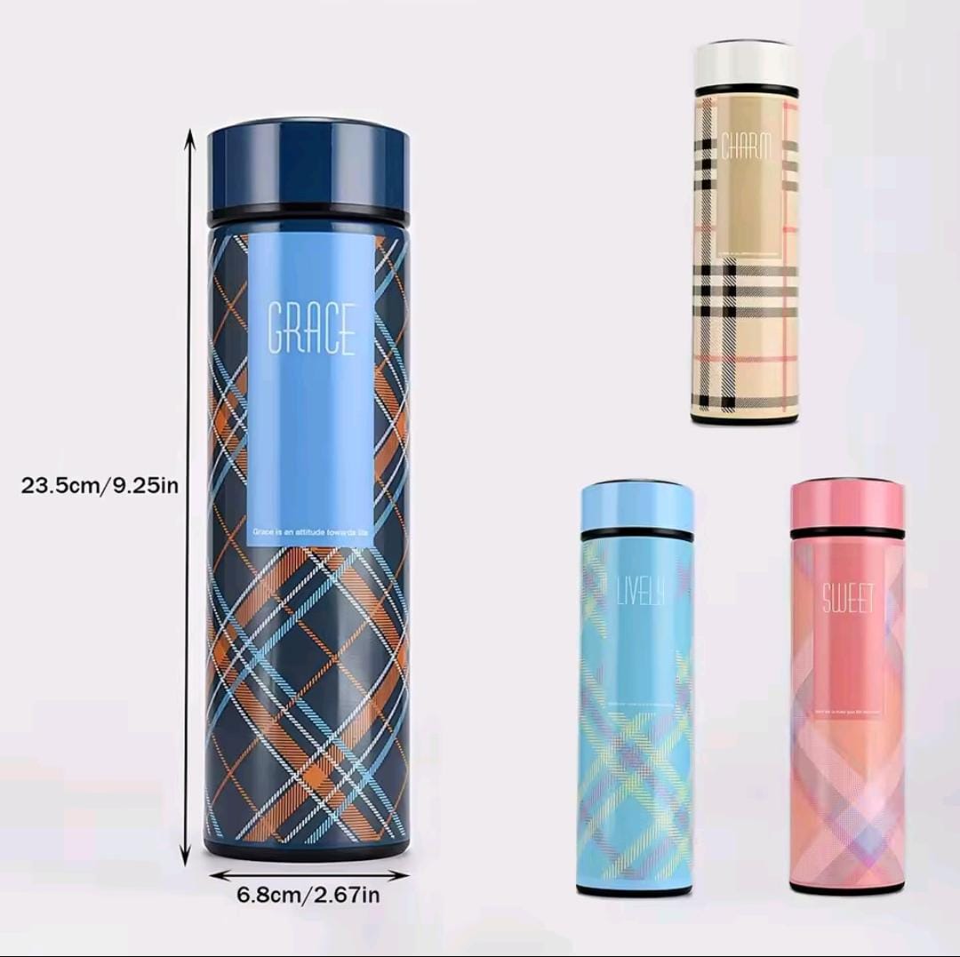 500ml Checked Design Smart Water Bottle with LED Temperature Display – New Stylish Thermos