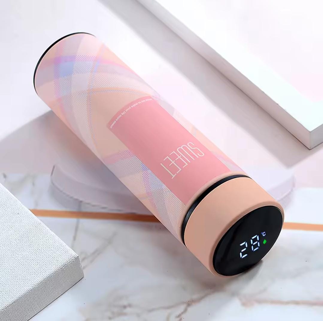 500ml Checked Design Smart Water Bottle with LED Temperature Display – New Stylish Thermos