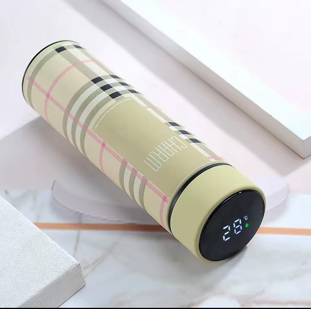 500ml Checked Design Smart Water Bottle with LED Temperature Display – New Stylish Thermos