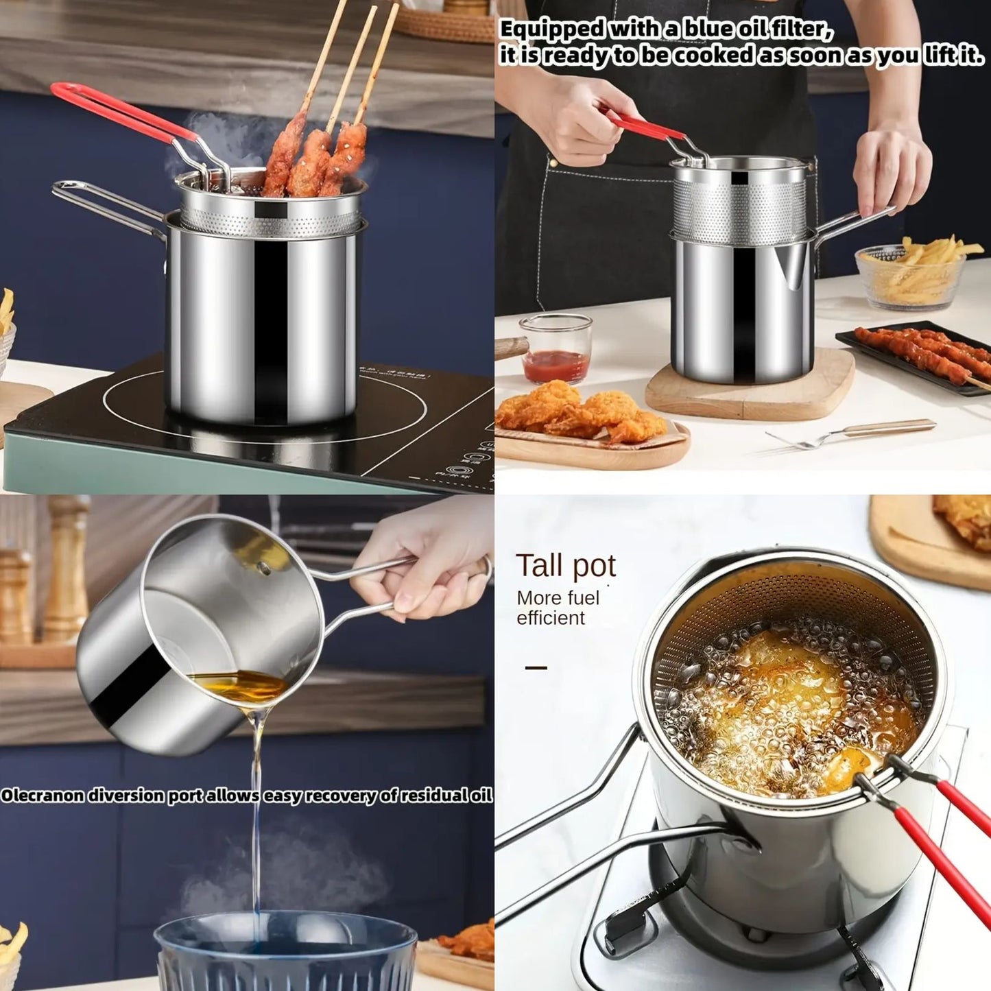 Stainless Steel 1.2L Deep Fryer Pot with Strainer & Heatproof Handle