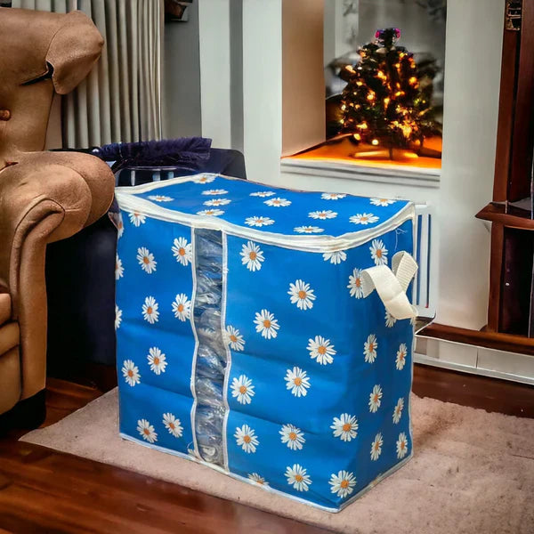 120 GSM Non-Woven Clothes Storage Bag – Foldable Floral Print Organizer (Pink/Green/Blue/Grey)