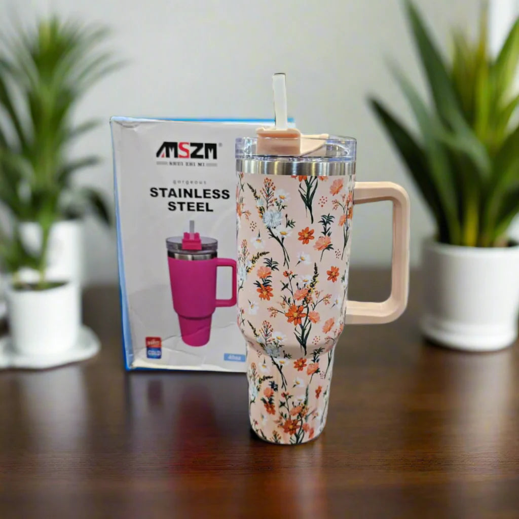 40 oz Insulated Tumbler Thermos Flask with Straw & Lid – Stainless Steel Travel Mug
