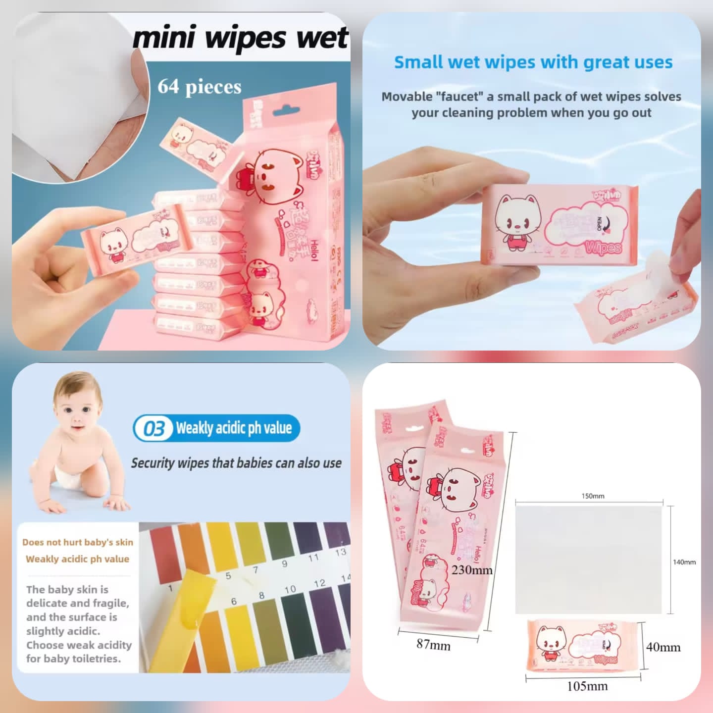 Mini Packs Cleaning Wet Wipes – Total 64 (8 Packets X 8 Sheets) Pocket-Sized Tissue Set