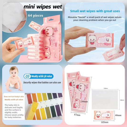 Mini Packs Cleaning Wet Wipes – Total 64 (8 Packets X 8 Sheets) Pocket-Sized Tissue Set