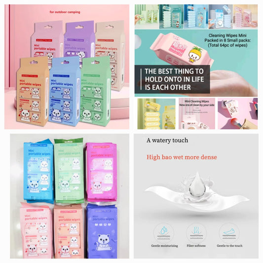 Mini Packs Cleaning Wet Wipes – Total 64 (8 Packets X 8 Sheets) Pocket-Sized Tissue Set