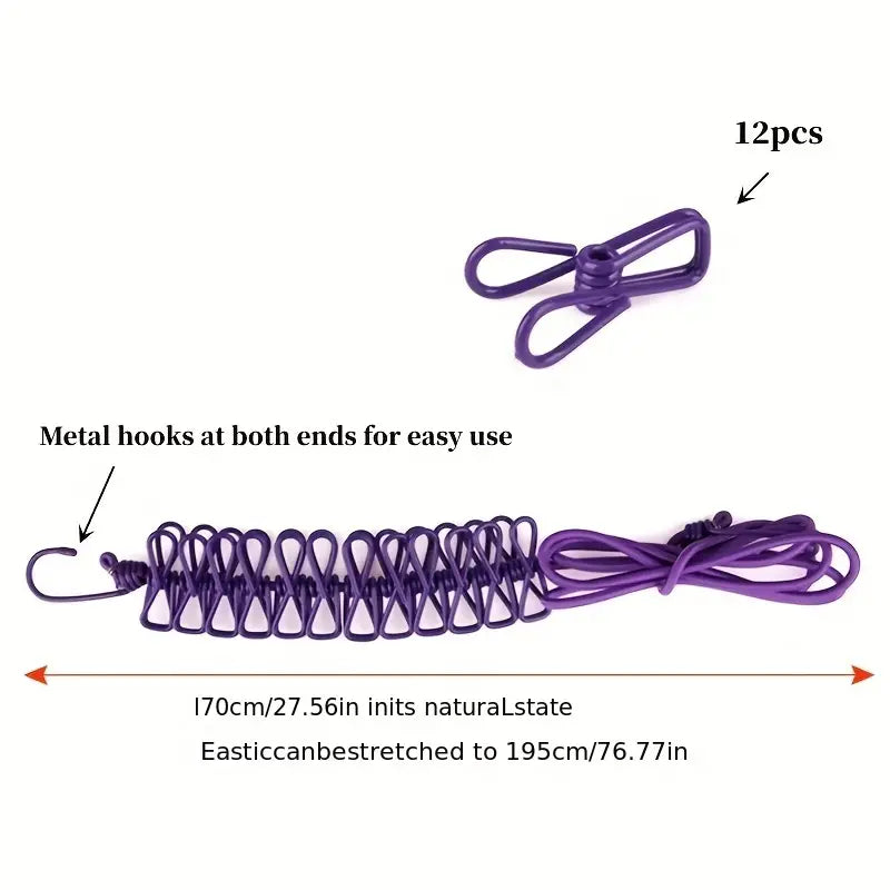 Portable Elastic Clothesline with 12 Clips – Travel & Home Drying Rope