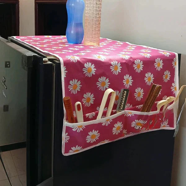 Local - Oil Proof Fridge Top Cover with 6 Organizer Pockets (Random Prints)