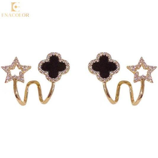 Elegant Star & Clover Earrings – Black & White Fashion Jewelry for Women